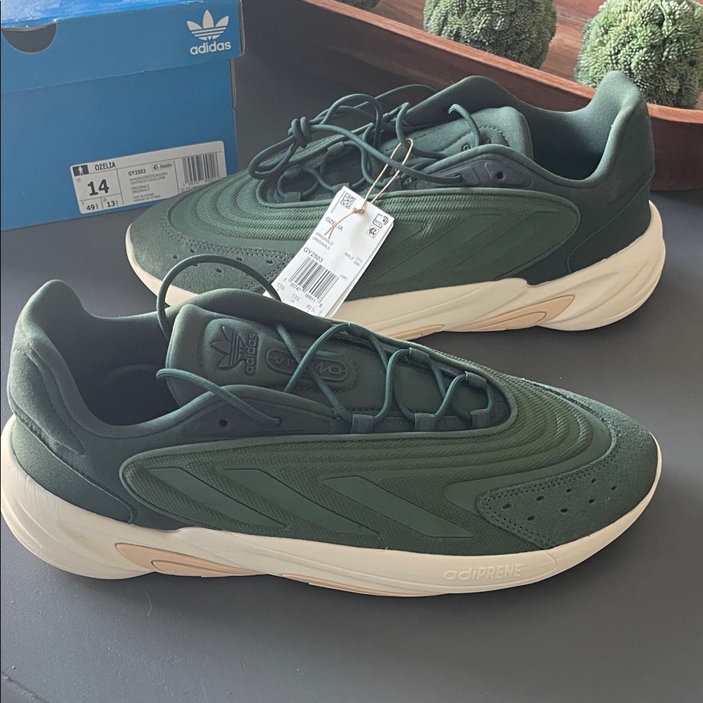 Brand New Adidas Ozelia Men's Dark Green Sneakers with Cream Sole